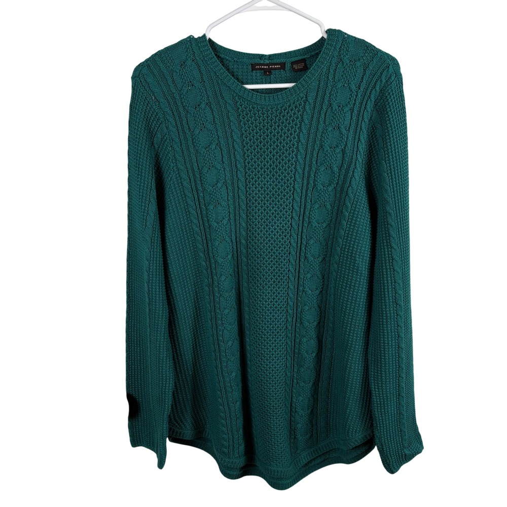 Teal Green Cable Knit Fisherman Sweater Womens L Cotton Pullover Cottage Coastal